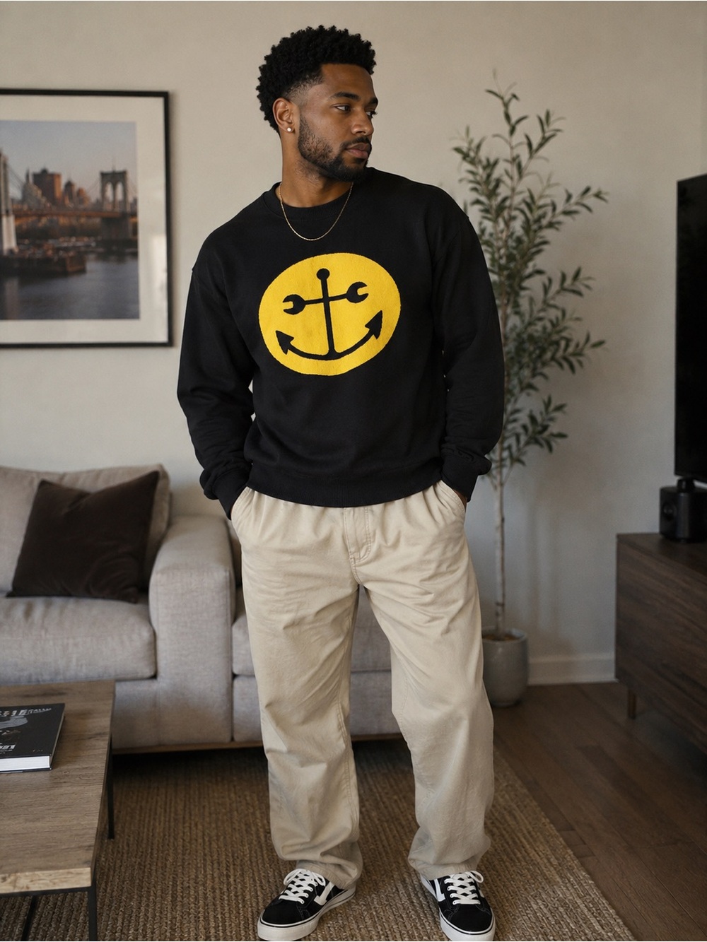Dark Seas Division Black Smiley Anchor Crewneck Sweater Men's Large Black